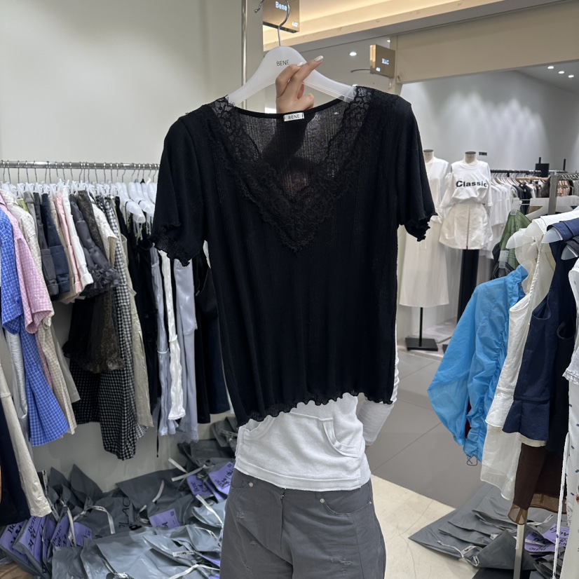 BENE韓國直郵實拍女士新品休閑推薦人氣時尚職業T恤V領透視BENET恤圖色6黑色