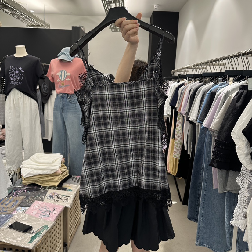 A.CES韓國代購女士新款26春夏人氣26夏季吊帶背心格子蕾絲A.CES吊帶/背心