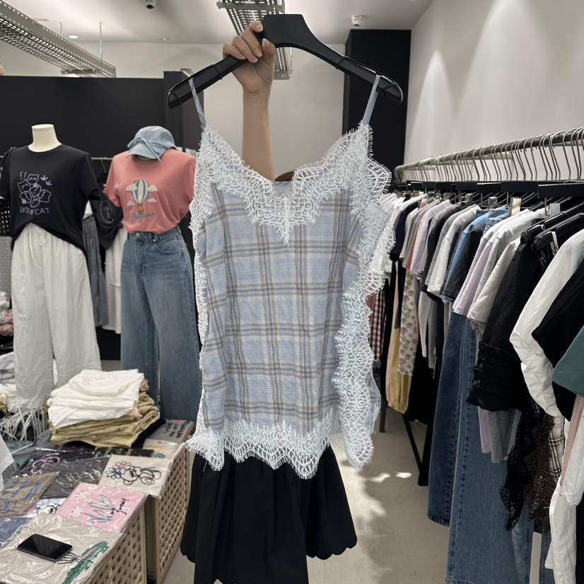 A.CES韓國代購女士新款26春夏人氣26夏季吊帶背心格子蕾絲A.CES吊帶/背心圖色1