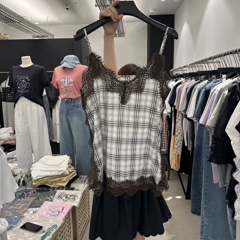 A.CES韓國代購女士新款26春夏人氣26夏季吊帶背心格子蕾絲A.CES吊帶/背心圖色2