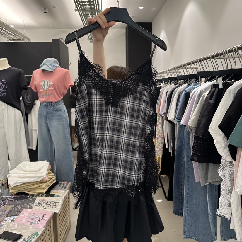 A.CES韓國代購女士新款26春夏人氣26夏季吊帶背心格子蕾絲A.CES吊帶/背心圖色3
