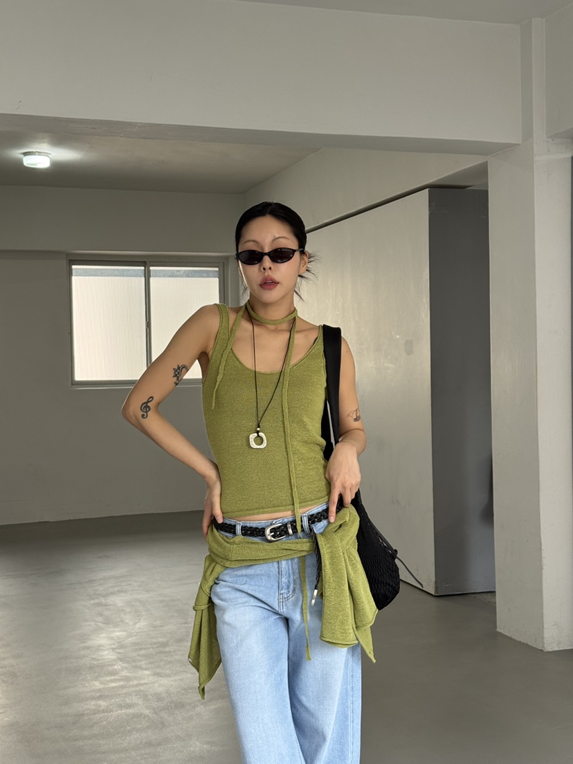 LIMLIMLIM東大門實拍韓國女裝新品熱賣吊帶背心含脖帶亞麻LIM LIM LIM吊帶/背心