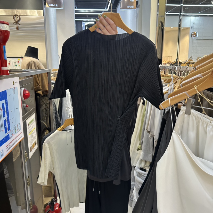 SANS東大門實拍韓國女士新品時尚推薦職業人氣熱賣T恤褶皺SANST恤圖色3黑色