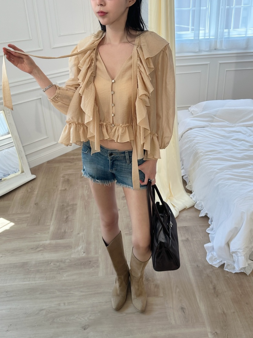 MARKE-P東大門代購女士新款推薦熱賣襯衫蕾絲衫透視褶皺MARKE-P襯衫/蕾絲衫