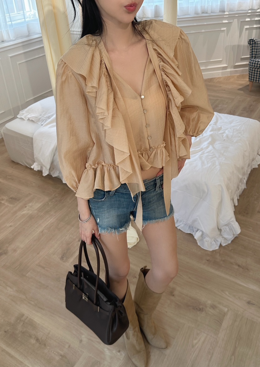 MARKE-P東大門代購女士新款推薦熱賣襯衫蕾絲衫透視褶皺MARKE-P襯衫/蕾絲衫圖色2