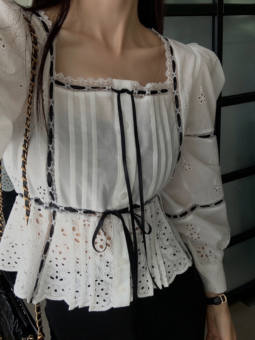 VERANDA韓國東大門直郵女士新品26春夏襯衫蕾絲衫刺繡蕾絲VERANDA襯衫/蕾絲衫