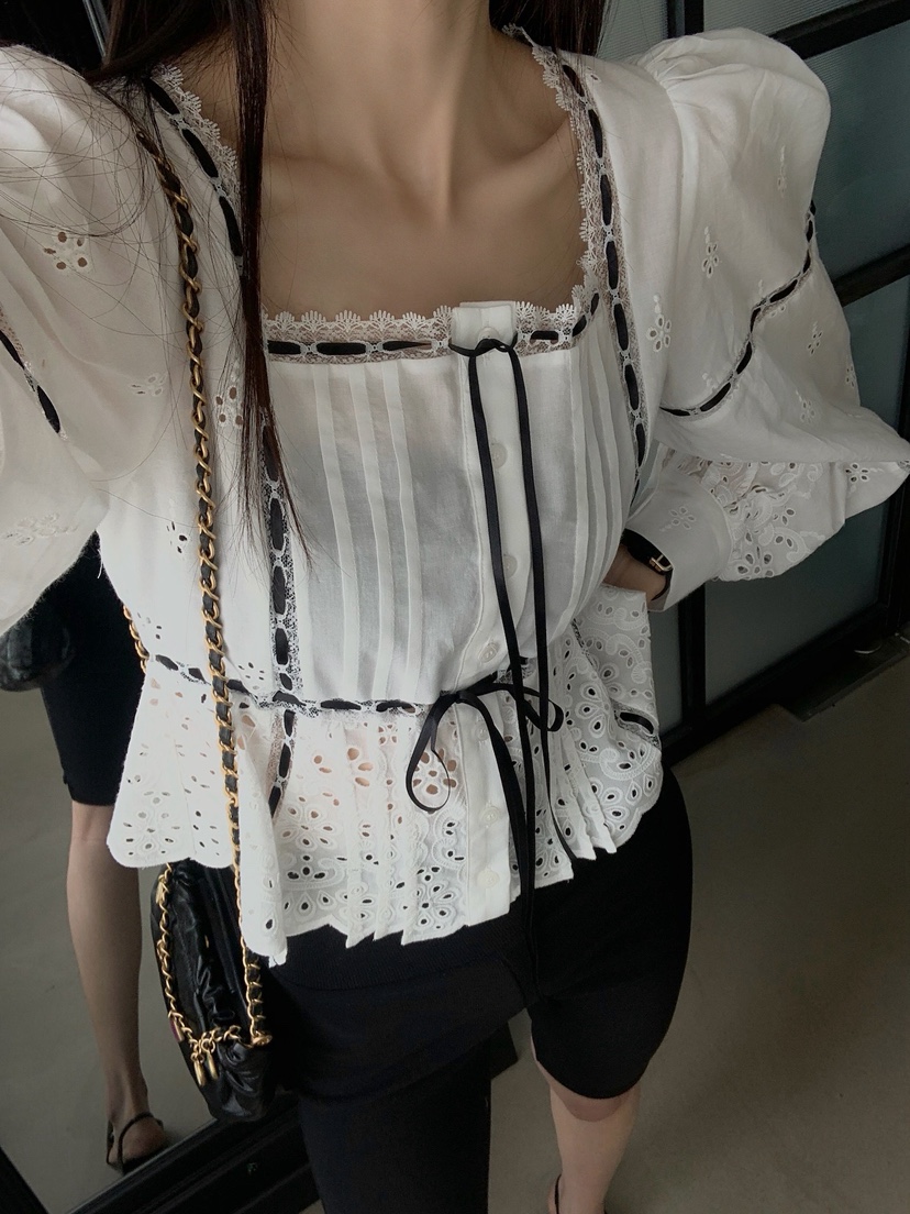 VERANDA韓國東大門直郵女士新品26春夏襯衫蕾絲衫刺繡蕾絲VERANDA襯衫/蕾絲衫