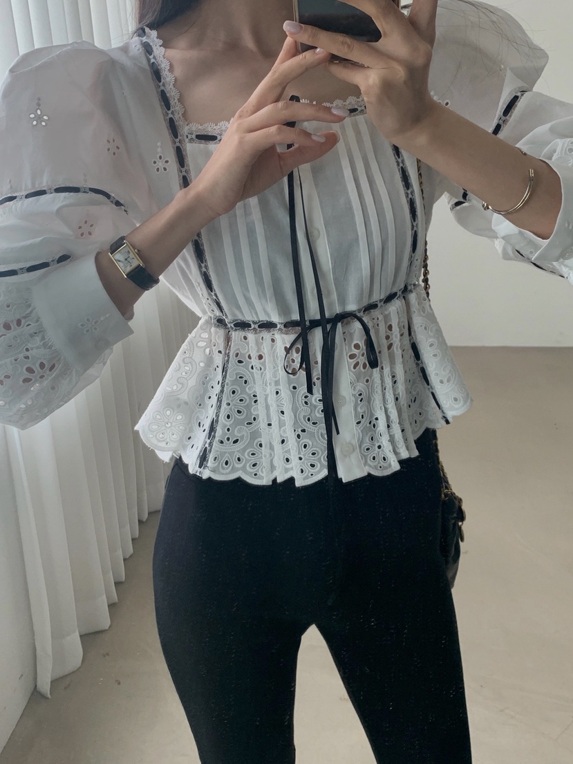 VERANDA韓國東大門直郵女士新品26春夏襯衫蕾絲衫刺繡蕾絲VERANDA襯衫/蕾絲衫