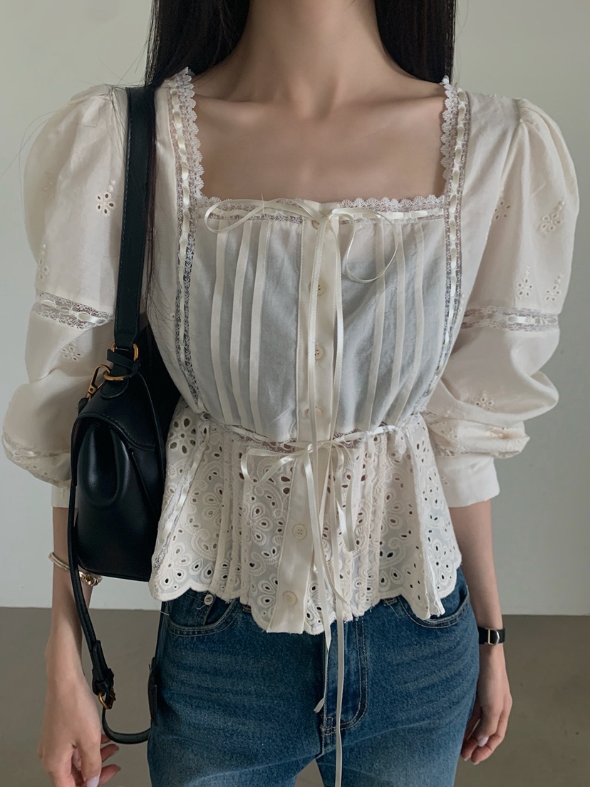 VERANDA韓國東大門直郵女士新品26春夏襯衫蕾絲衫刺繡蕾絲VERANDA襯衫/蕾絲衫