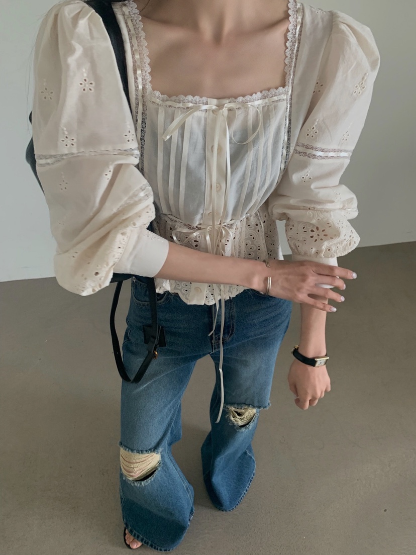 VERANDA韓國東大門直郵女士新品26春夏襯衫蕾絲衫刺繡蕾絲VERANDA襯衫/蕾絲衫