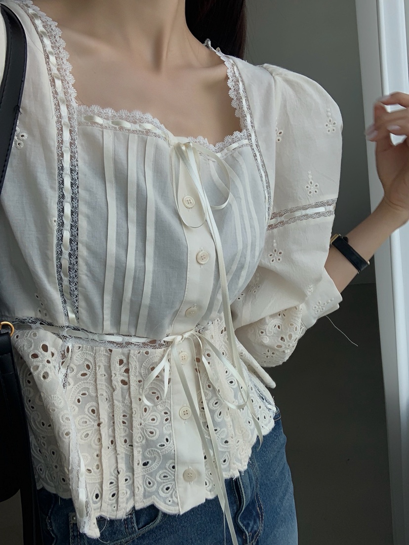 VERANDA韓國東大門直郵女士新品26春夏襯衫蕾絲衫刺繡蕾絲VERANDA襯衫/蕾絲衫