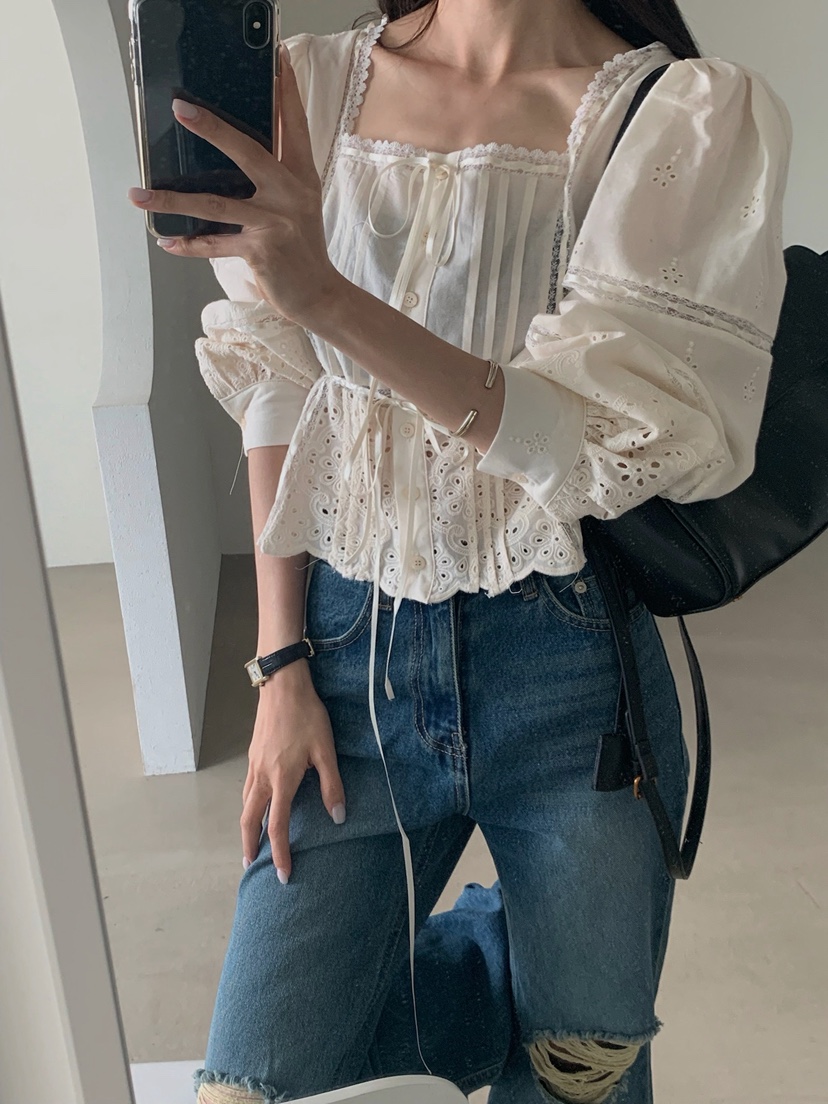 VERANDA韓國東大門直郵女士新品26春夏襯衫蕾絲衫刺繡蕾絲VERANDA襯衫/蕾絲衫