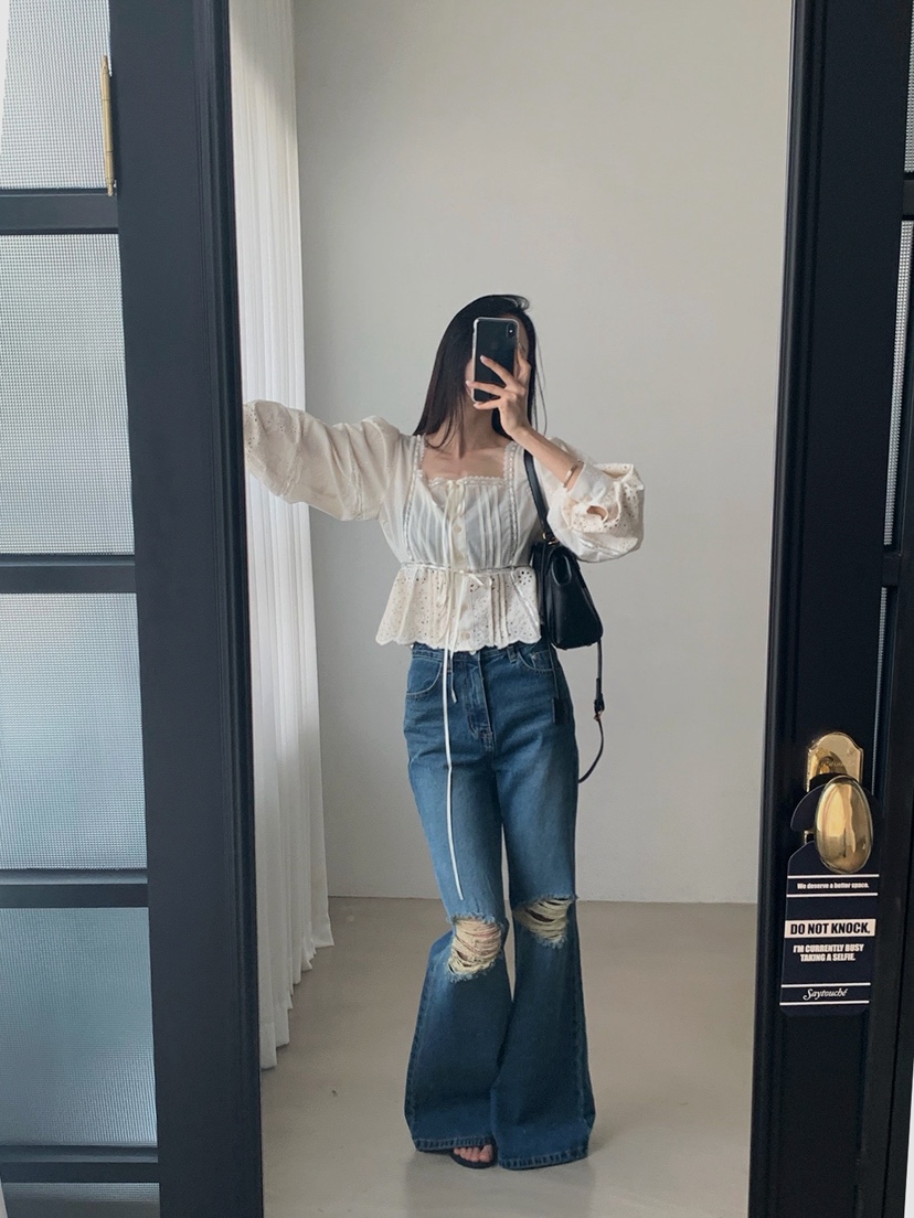 VERANDA韓國東大門直郵女士新品26春夏襯衫蕾絲衫刺繡蕾絲VERANDA襯衫/蕾絲衫