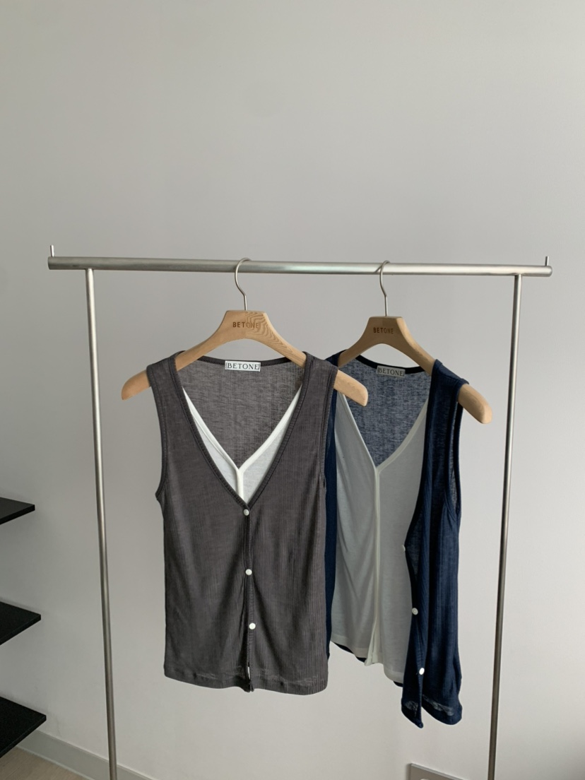 BETONE韓國直郵女士新款26春夏馬甲羊毛衫假兩件雙層開襟BETONE馬甲