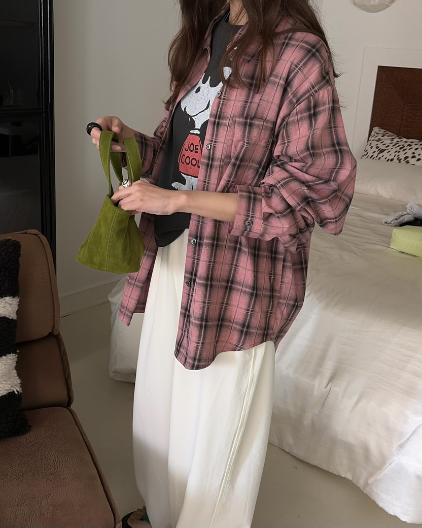 PEBBLE東大門代購女士新品人氣26春夏休閑襯衫蕾絲衫格子PEBBLE襯衫/蕾絲衫