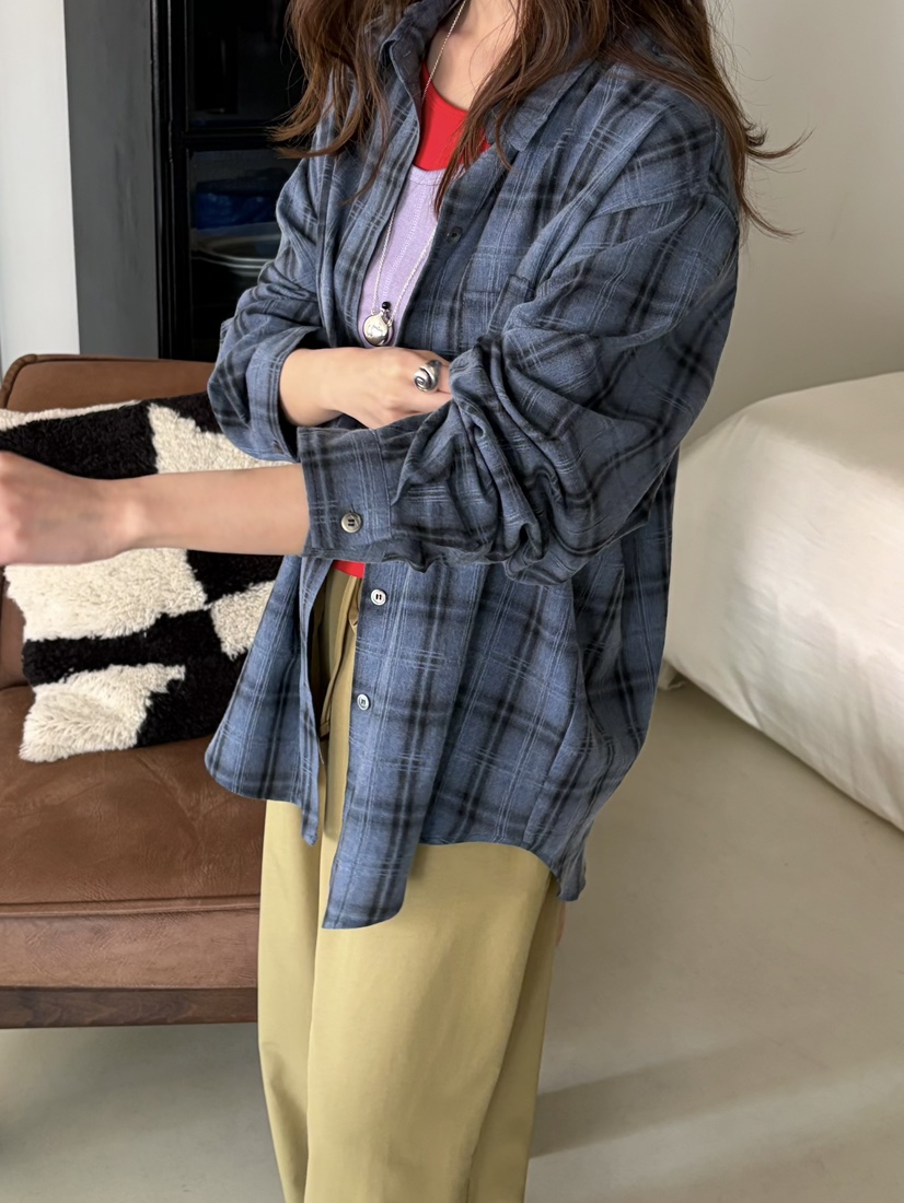 PEBBLE東大門代購女士新品人氣26春夏休閑襯衫蕾絲衫格子PEBBLE襯衫/蕾絲衫