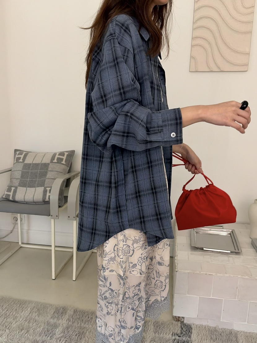 PEBBLE東大門代購女士新品人氣26春夏休閑襯衫蕾絲衫格子PEBBLE襯衫/蕾絲衫