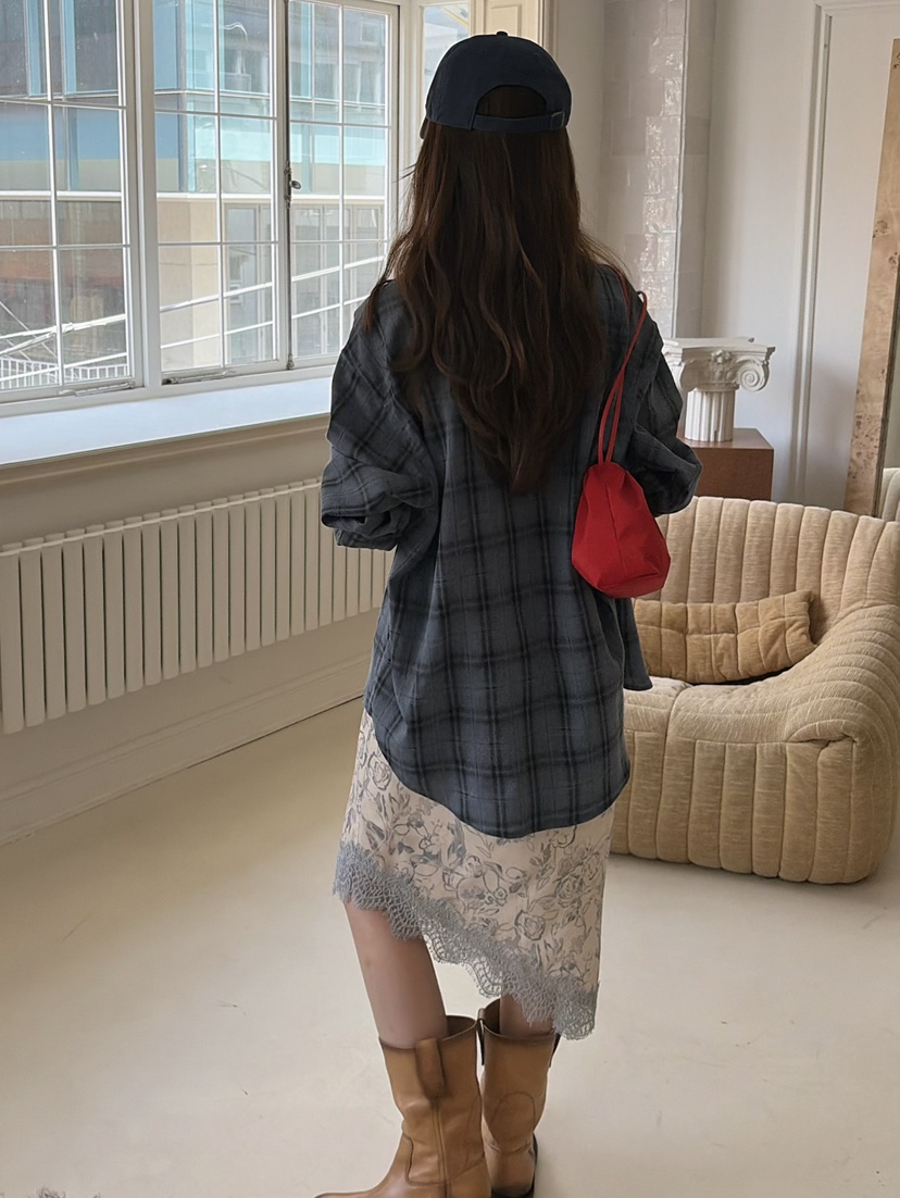 PEBBLE東大門代購女士新品人氣26春夏休閑襯衫蕾絲衫格子PEBBLE襯衫/蕾絲衫