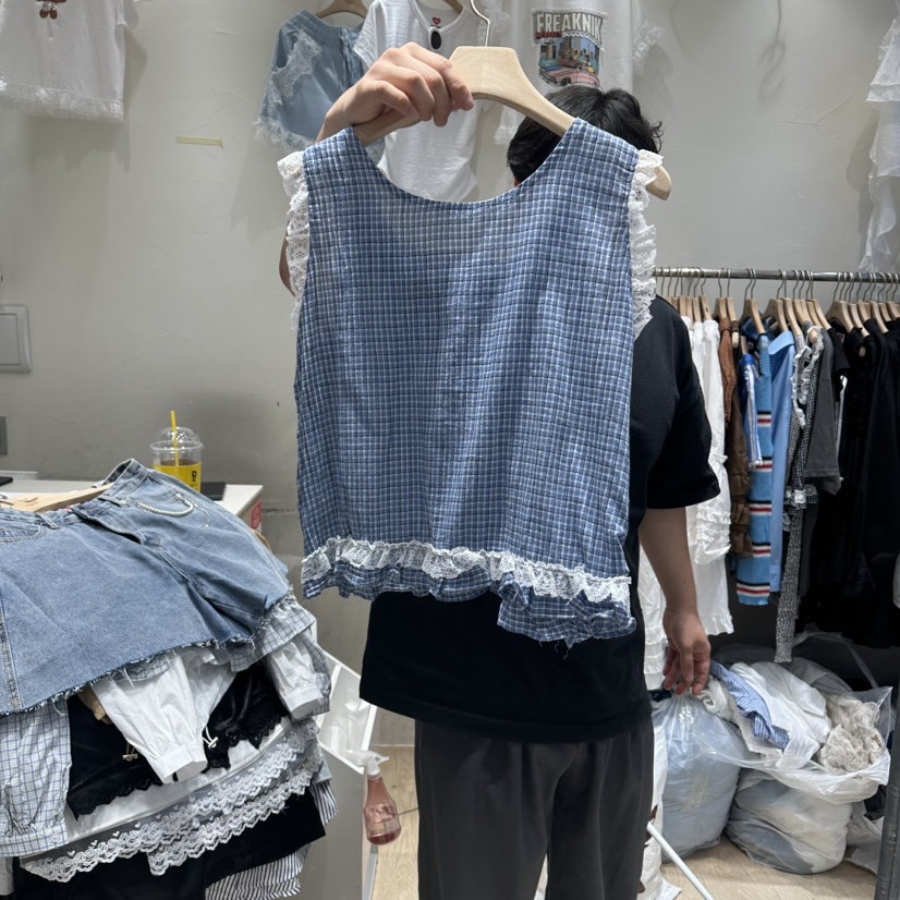 UNDERSTAR_VINTAGE東大門實拍韓國女士新款26夏季吊帶背心格紋蕾絲UNDERSTAR_VINTAGE吊帶/背心
