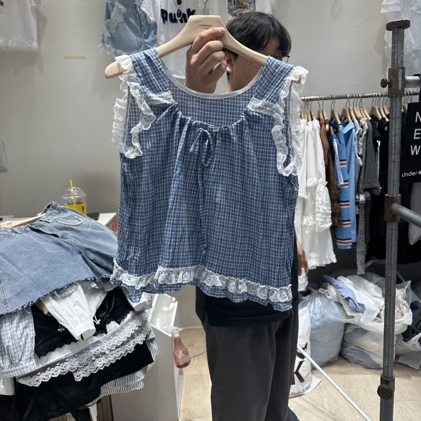 UNDERSTAR_VINTAGE東大門實拍韓國女士新款26夏季吊帶背心格紋蕾絲UNDERSTAR_VINTAGE吊帶/背心圖色2