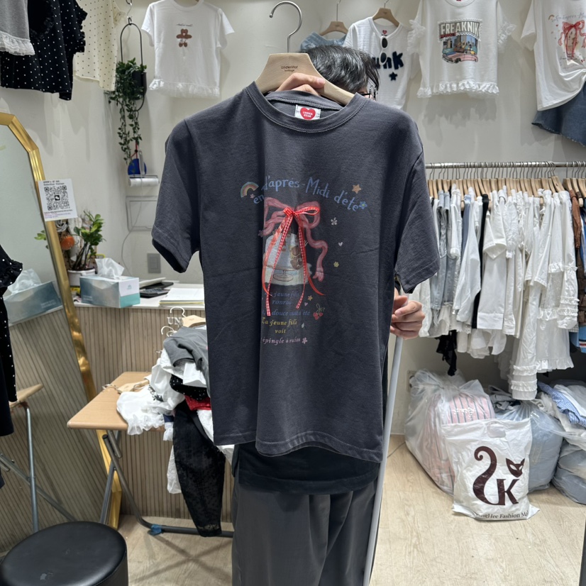 UNDERSTAR_VINTAGE韓國直郵女裝新款推薦26夏季熱賣T恤絲帶UNDERSTAR_VINTAGET恤圖色1