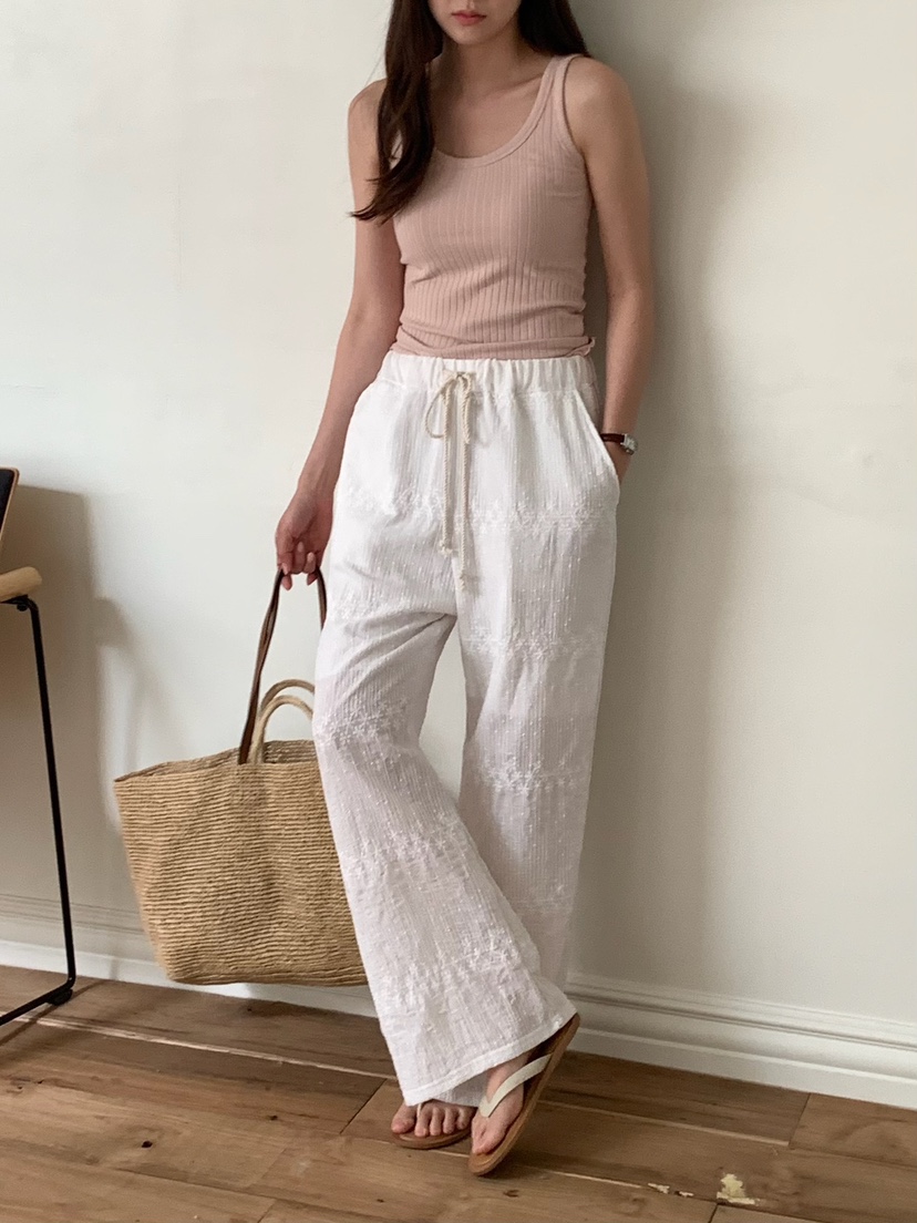 BLEECKER韓國代購女裝新品休閑時尚職業26夏季休閑褲刺繡蕾絲BLEECKER休閑褲