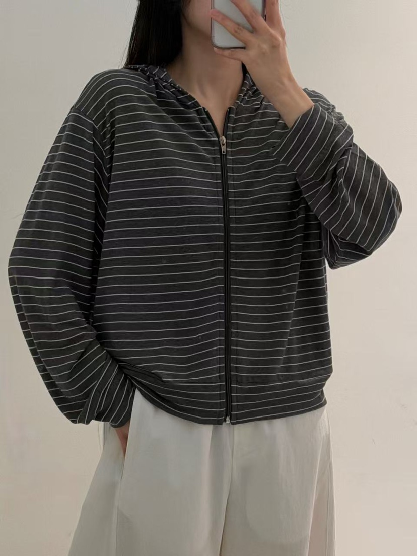 PEPPER-L韓國直郵女裝新款26春夏時尚夾克連帽衫亞麻條紋PEPPER夾克