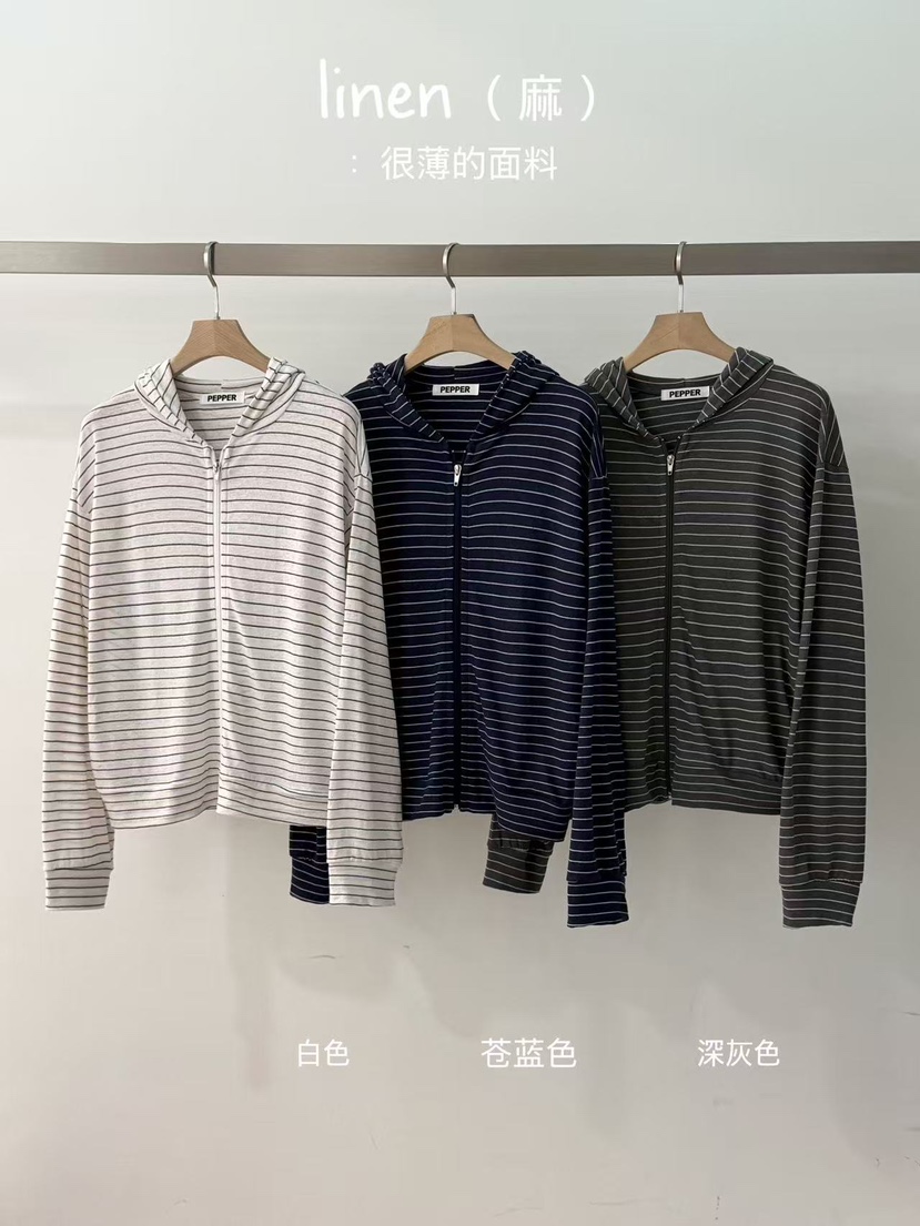 PEPPER-L韓國直郵女裝新款26春夏時尚夾克連帽衫亞麻條紋PEPPER夾克