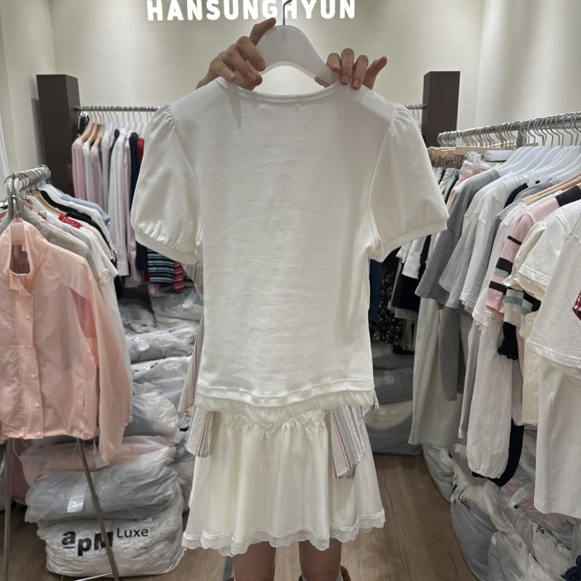HANSUNGHYUN韓國直郵實拍女裝新品休閑T恤泡泡袖棉質蕾絲HANSUNGHYUNT恤