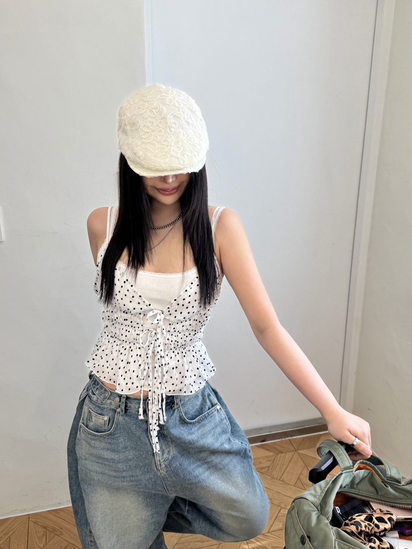OKIE韓國代購女士新款推薦26春夏人氣時尚職業吊帶背心圓點OKIE吊帶/背心