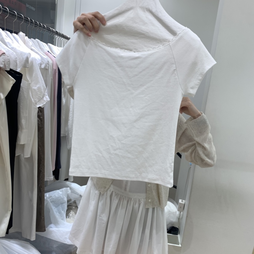 VERVEINE東大門實拍韓國女裝新品26春夏人氣休閑T恤船領蕾絲VERVEINET恤