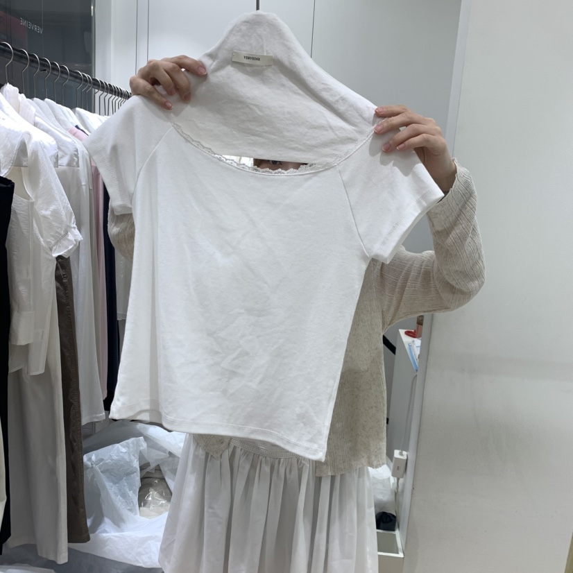 VERVEINE東大門實拍韓國女裝新品26春夏人氣休閑T恤船領蕾絲VERVEINET恤圖色1