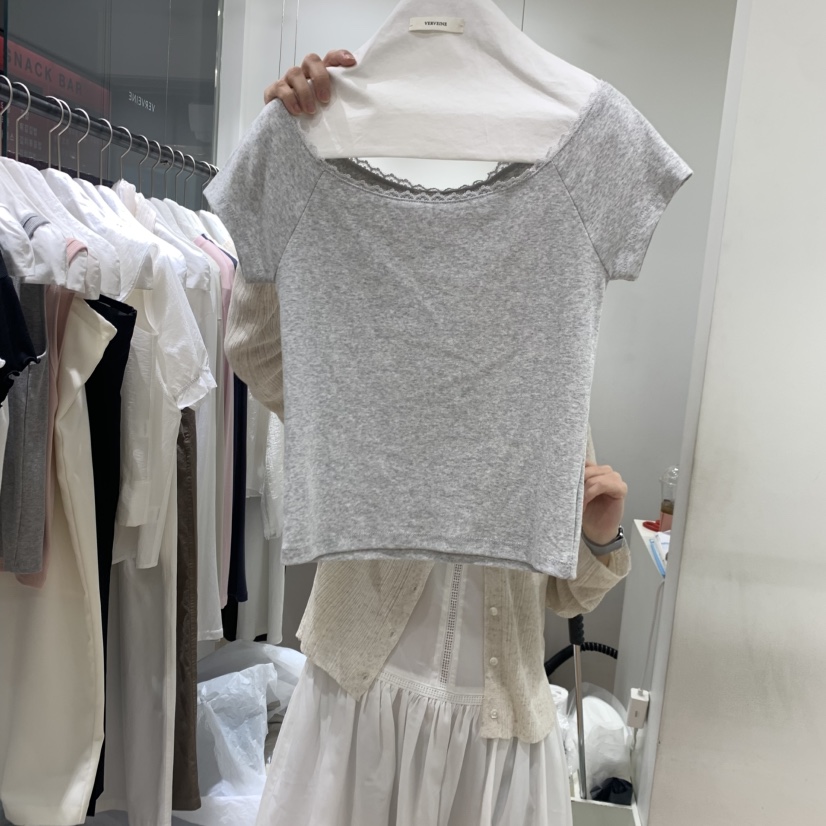 VERVEINE東大門實拍韓國女裝新品26春夏人氣休閑T恤船領蕾絲VERVEINET恤圖色2