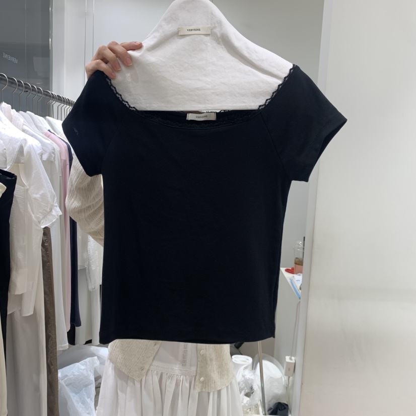 VERVEINE東大門實拍韓國女裝新品26春夏人氣休閑T恤船領蕾絲VERVEINET恤圖色3