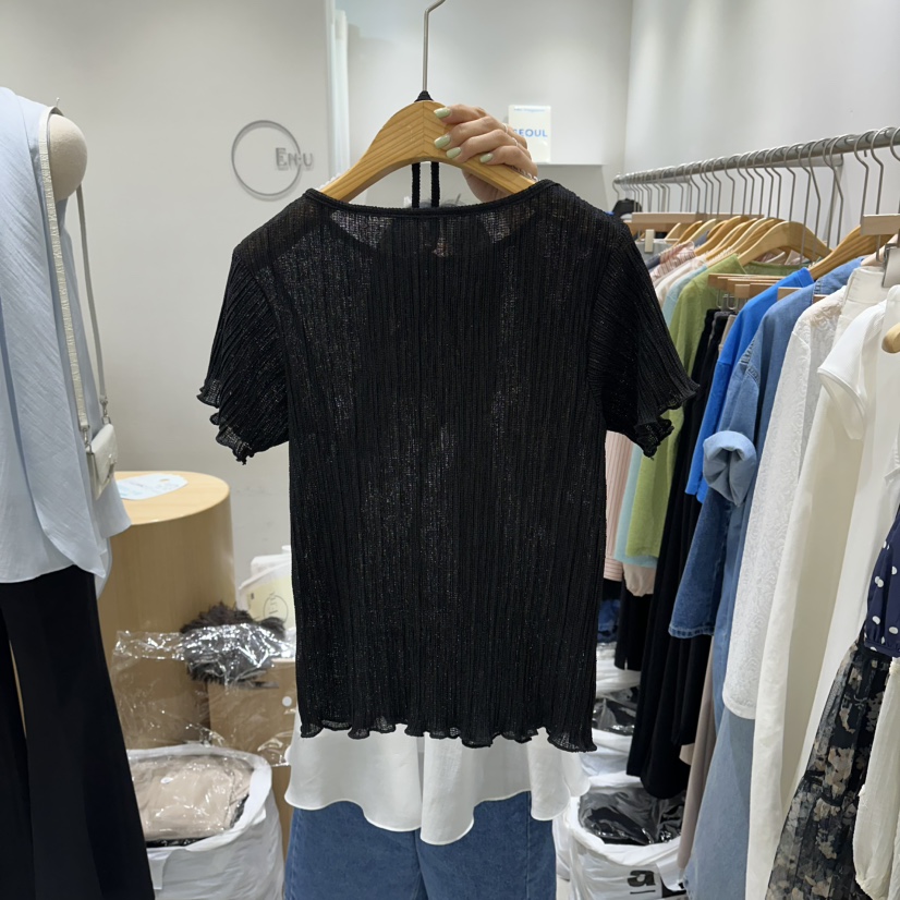EN.U韓國直郵女裝新品休閑職業推薦時尚襯衫蕾絲衫含繩透明EN.U襯衫/蕾絲衫