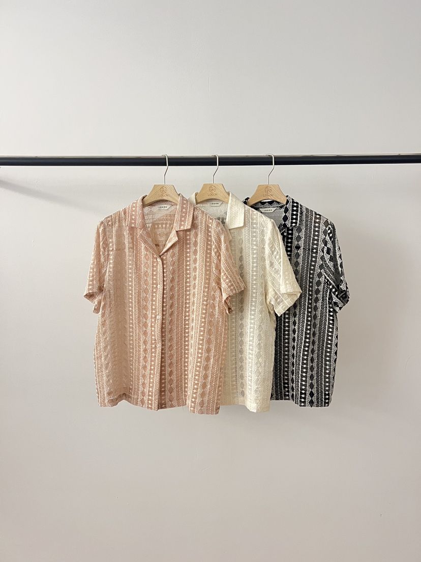 LOGON東大門實拍韓國女士新品26夏季職業休閑襯衫蕾絲衫刺繡LOGON襯衫/蕾絲衫