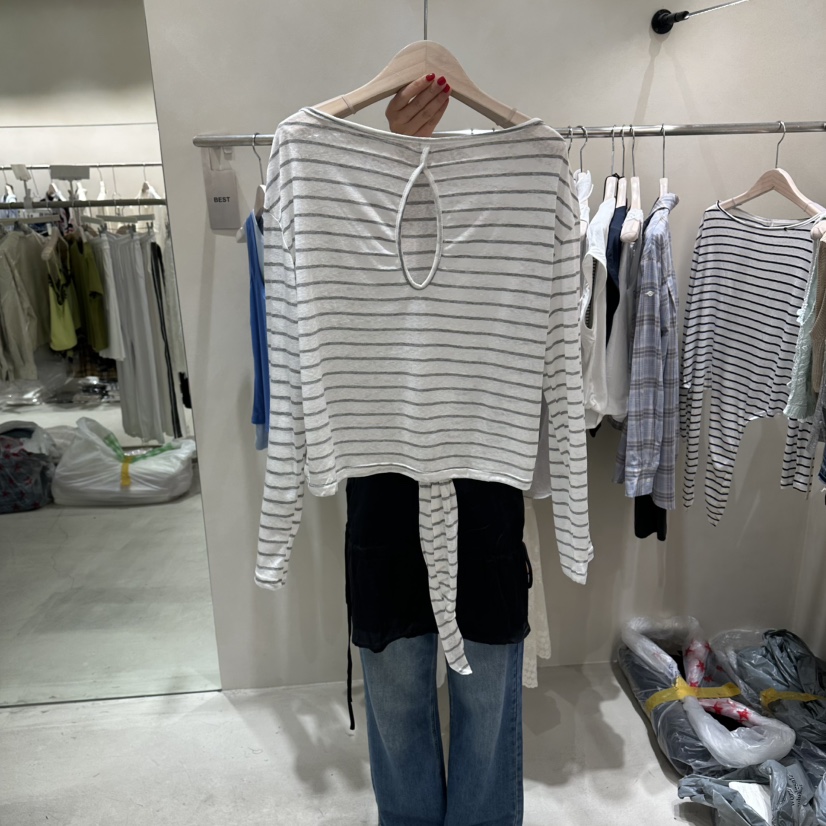 Color B韓國直郵女士新品時尚休閑人氣26夏季長袖T恤絲帶條紋Color B長袖T恤