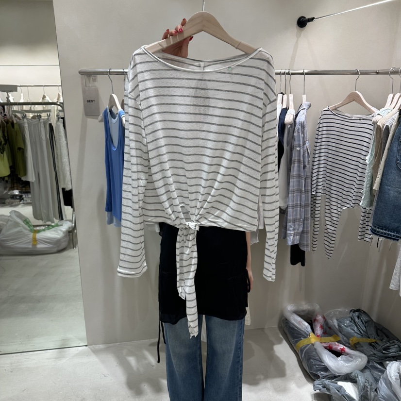 Color B韓國直郵女士新品時尚休閑人氣26夏季長袖T恤絲帶條紋Color B長袖T恤圖色1灰色