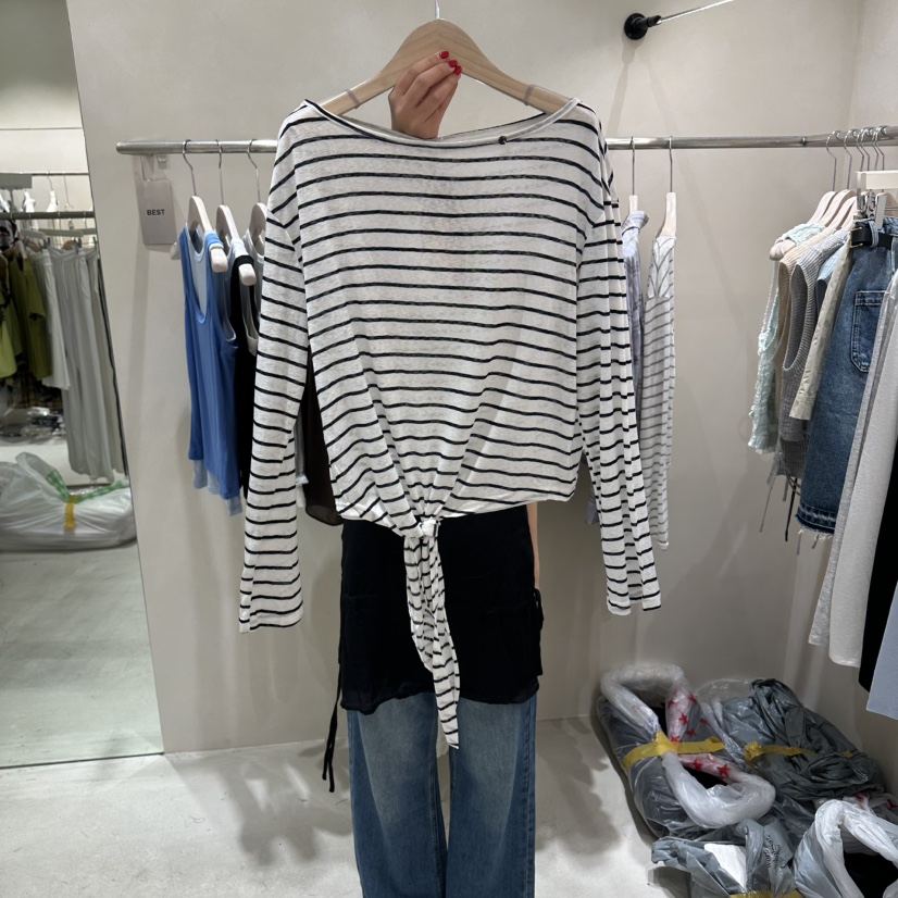 Color B韓國直郵女士新品時尚休閑人氣26夏季長袖T恤絲帶條紋Color B長袖T恤圖色2黑色