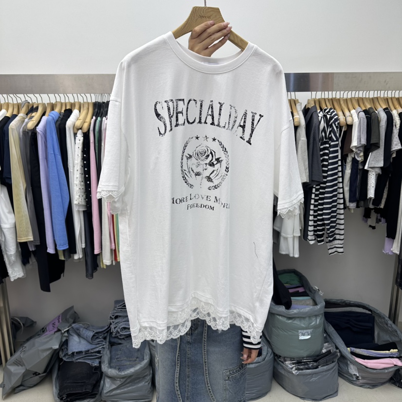 SPECIAL韓國直郵女裝新品職業熱賣休閑時尚26夏季T恤蕾絲SPECIALT恤圖色1