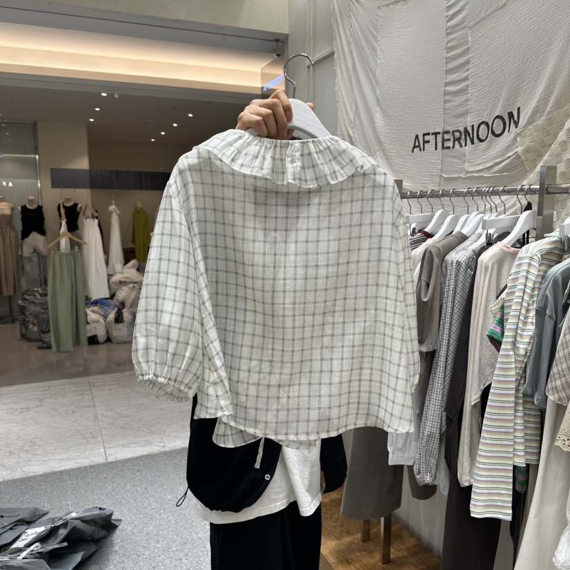 AFTERNOON韓國代購女士新款人氣時尚襯衫蕾絲衫荷葉邊格子AFTERNOON襯衫/蕾絲衫