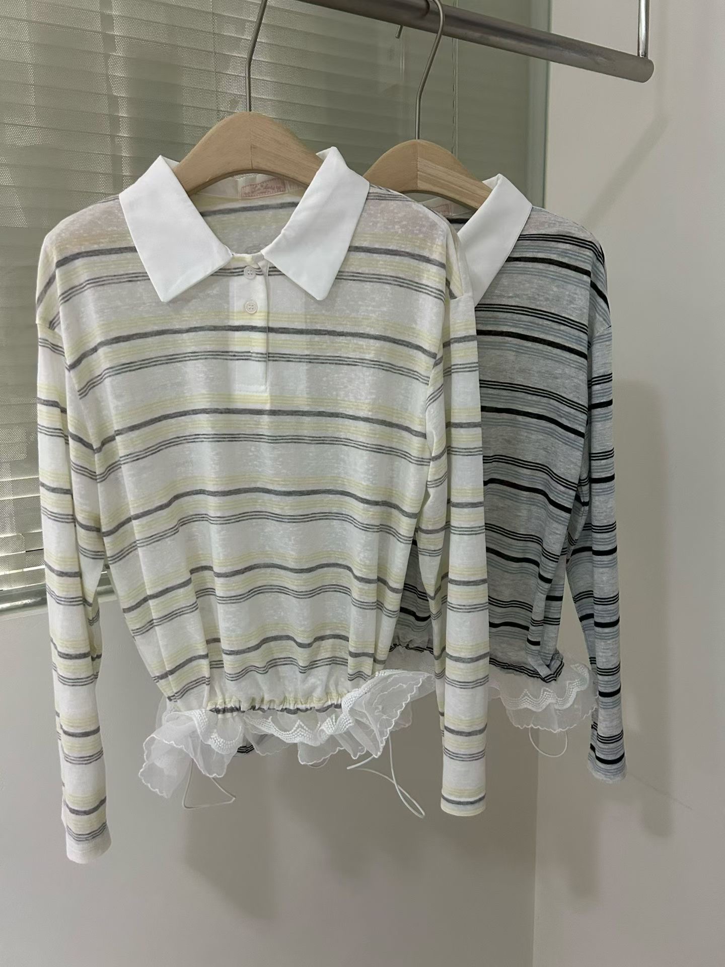 LA KERR韓國代購女士新品26夏季推薦26春夏職業長袖T恤蕾絲LA KERR長袖T恤圖色2左二色