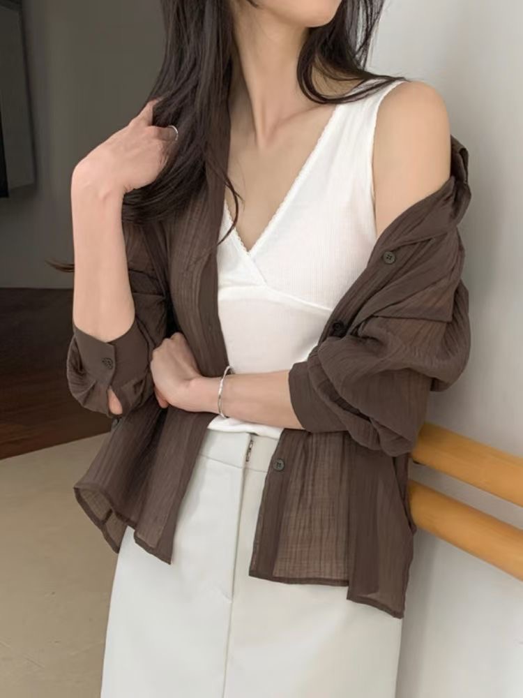 HERME韓國直郵女士新款時尚26春夏職業26夏季襯衫蕾絲衫含腰繩HERME襯衫/蕾絲衫
