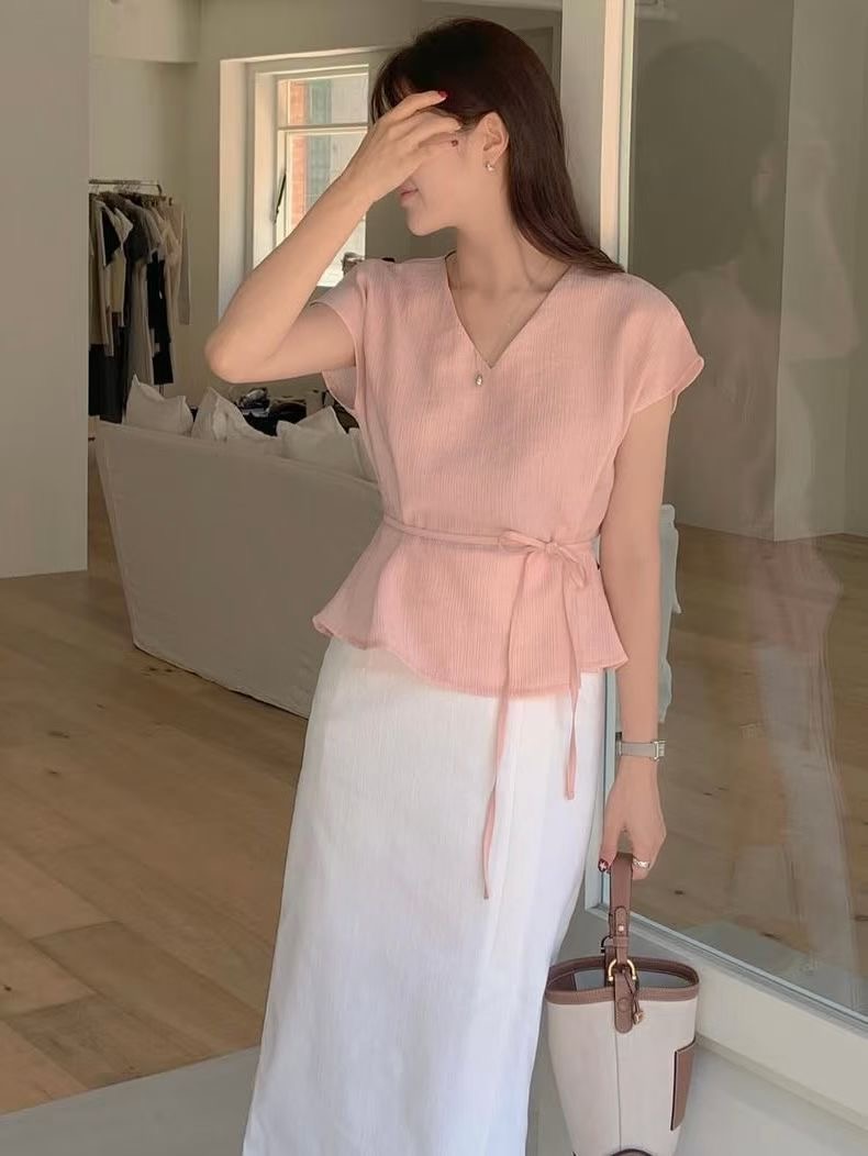 HERME東大門實拍韓國女裝新款26春夏26夏季襯衫蕾絲衫V領HERME襯衫/蕾絲衫圖色3