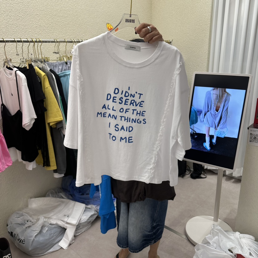 DRAWING韓國直郵實拍女士新品推薦休閑人氣時尚熱賣T恤蕾絲DRAWINGT恤圖色2