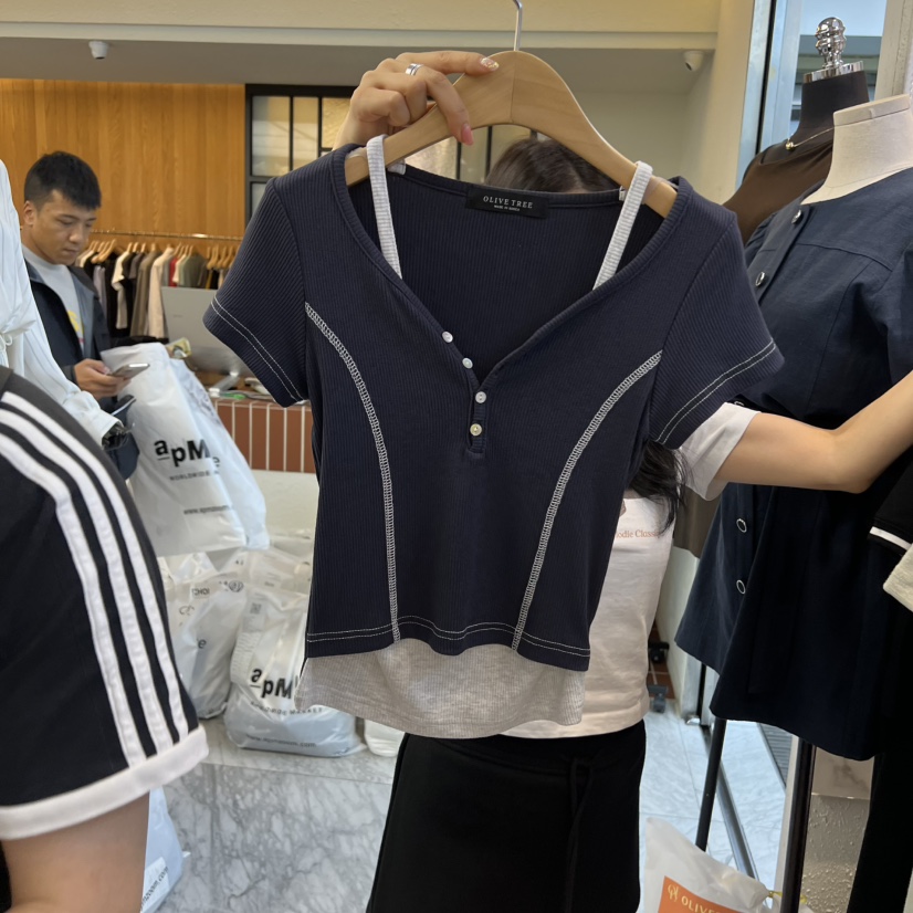 OLIVE TrEE韓國東大門代購女士新款時尚休閑推薦T恤假兩件OLIVE TrEET恤圖色3深藍色