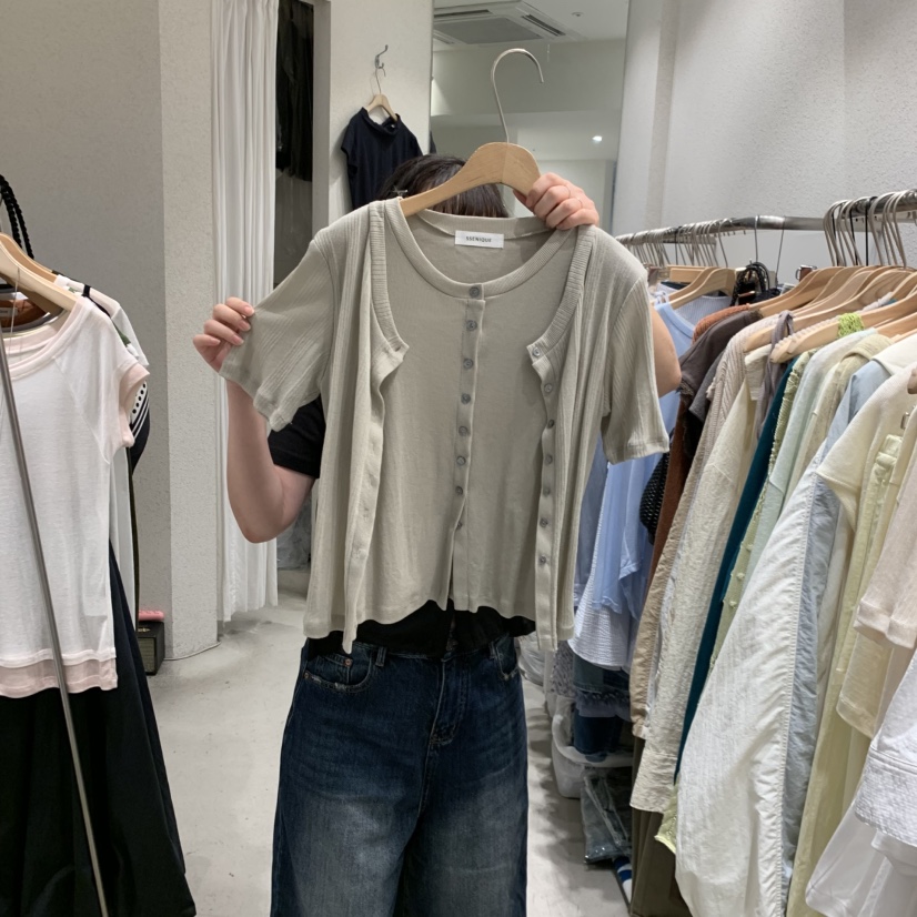 SSEMIENNE韓國直郵女裝新品人氣26夏季T恤假兩件開衫羅紋SSENIQUE/SSEMIENNET恤圖色3