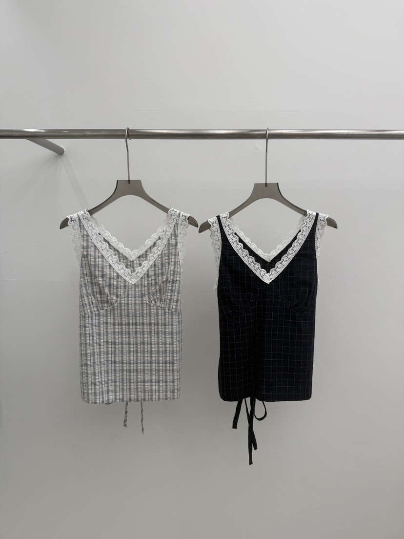 SEARE/PRETZEL東大門實拍韓國女士新品熱賣吊帶背心格紋蕾絲SEARE/PRETZEL吊帶/背心
