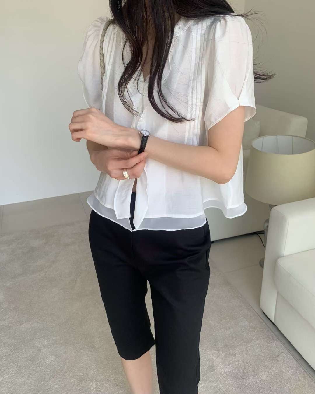 SOMETHINGELSE韓國東大門代購女裝新款休閑襯衫蕾絲衫褶裥SOMETHINGELSE襯衫/蕾絲衫