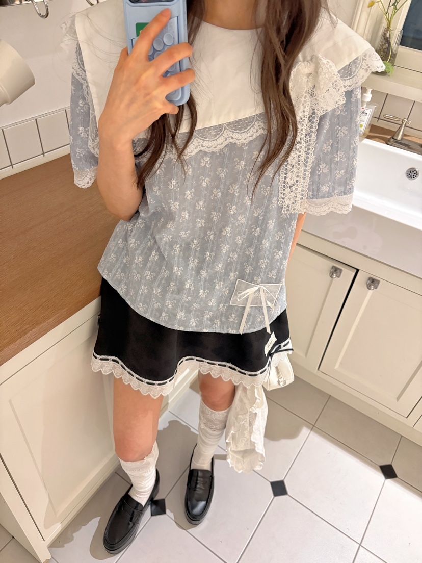 BOUTIQUE-L韓國東大門直郵女士新款推薦襯衫蕾絲衫不對稱絲帶BOUTIQUE-L襯衫/蕾絲衫